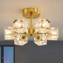 K9 Crystal Semi Flush Ceiling - Modern Gold 6 Lights Sputnik Ceiling Light Fixture - Brushed Brass Luxury Flushmount Chandelier for Dining Room Kitchen Living Room Bedroom Bathroom Entryway Foyer
