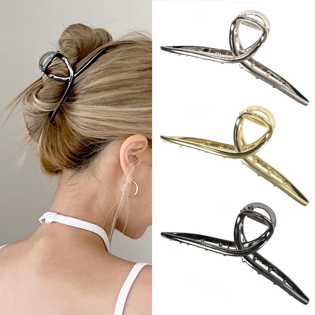 Big Metal Butterfly Hair Clips for Women - 5.1" Larger Size Metal Hair Accessories for Long, Thick Hair, 3 Pcs (Silver, Gold, Black)
