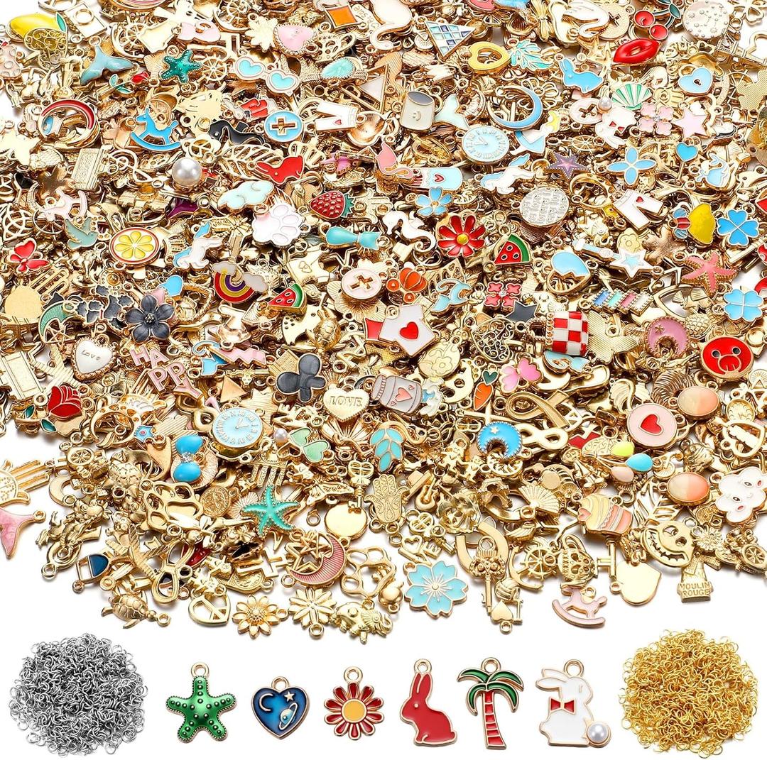 Trnayi 2000 Pcs Charms for Bracelets Jewelry Making Mixed Bracelets Charms Bulk 1000 Gold Enamel Pendants with 1000 Open Jump Rings for DIY Necklace Bracelet Earrings Keychain Jewelry Crafting