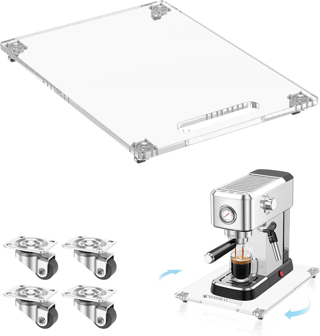 360 Rolling Sliding Tray for Coffee Maker & Kitchen Appliances, 9.8" x 14" Acrylic Appliance Sliders with Silent Rubber Wheels, Coffee Maker Slider Tray for Countertop Moving