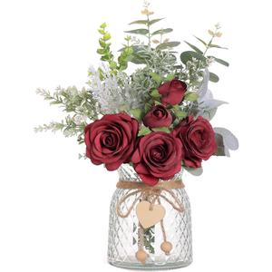 Faux Flowers with Vase,Artificial Silk Roses in Vase, Fake Plant Eucalyptus Flower Arrangement for Home Office Farmhouse Bathroom Dining Table Centerpiece Decorations Coffee Table Decor (Burgundy)
