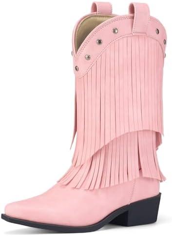 Rollda Girls Cowboy Boots with Tassel, Fringe Cowgirl Boots, Snip Toe, TPR Outsole, Kids Western Boots Stylish & Comfortable for All-Seasons, Toddler/Little Kid/Big Kid, 12