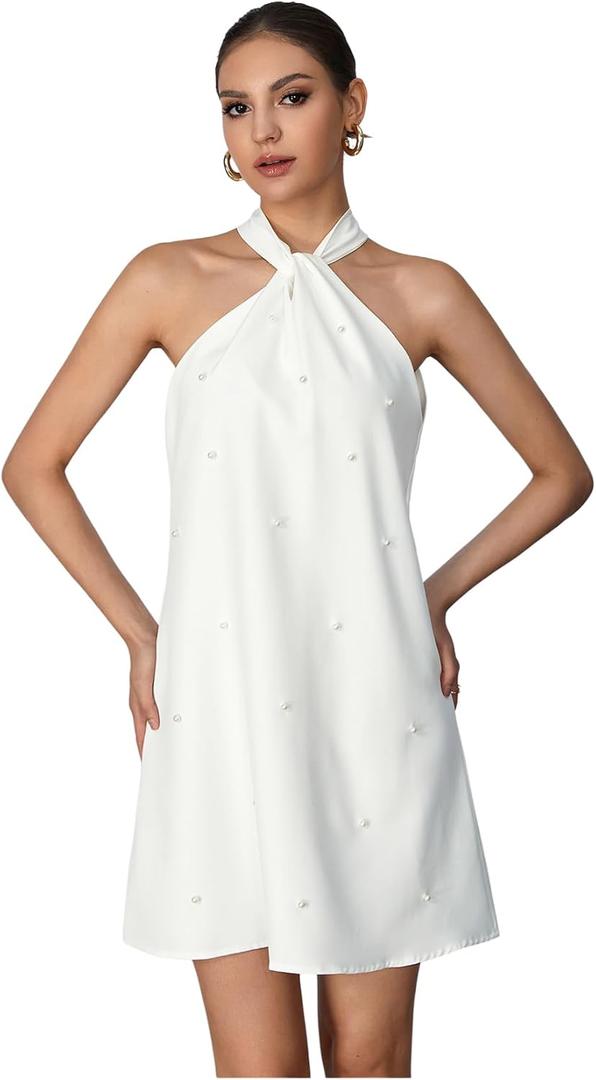 Floerns Women's Pearl Beaded Halter Twist Sleeveless Tie Back Dress A Line Dress (White)