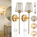 Crystal Wall Sconces Set of 2, Dimmable Wall Sconce with Plug in Cord and Dimmer Gold Plug in Wall Lamp Wall Mounted Light with Crystal Shade for Living Room Bedroom Vanity Light, Bulbs Included, Gold