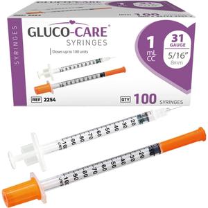 GLUCO-CARE 1 ml/cc Syringes 31G x 5/16’’ (8mm), Orange Cap, 100/box