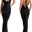 Women Sexy Backless Dress Halter Deep V Neck Detachable Flower Sleeveless Open Back Maxi Dress Cocktail Prom Formal Dresses (Small, Black)