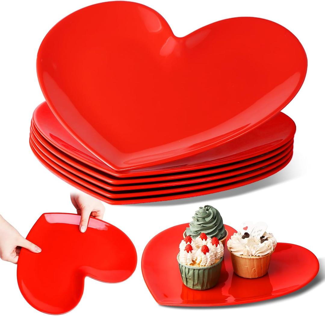 6 Pcs 11" Heart Shaped Melamine Plates Large Valentine's Plates Unbreakable Red Heart Dessert Dinner Charger Dishwasher Safe Salad Serving Charger for Valentine's Party Anniversary Wedding Dating