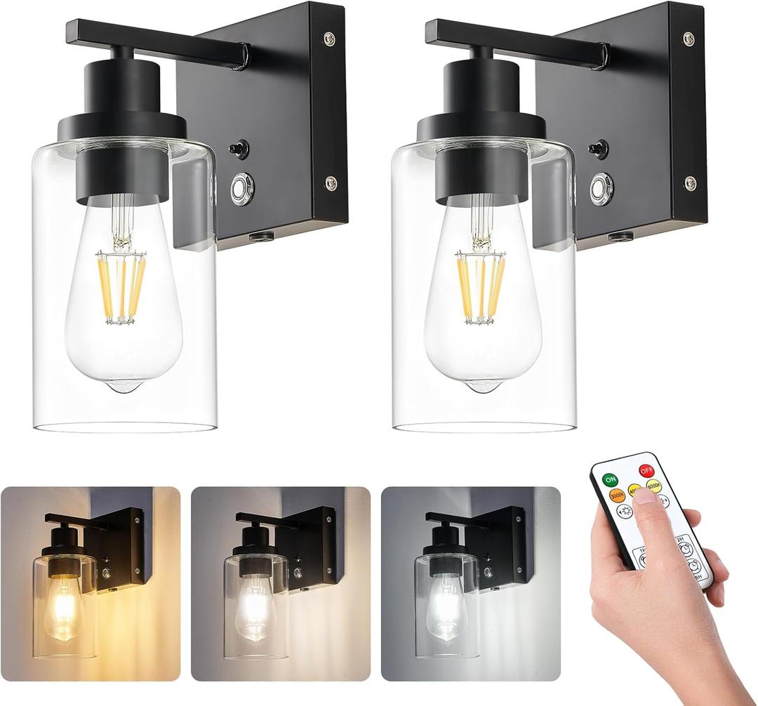 Dimmable Battery Operated Wall Sconce Set of 2 Black with 3-Color Temperature Bulb, 10000mAh Rechargeable Wireless Wall Sconces Set of Two with Remote Control Wall Light for Bedroom, Hallway