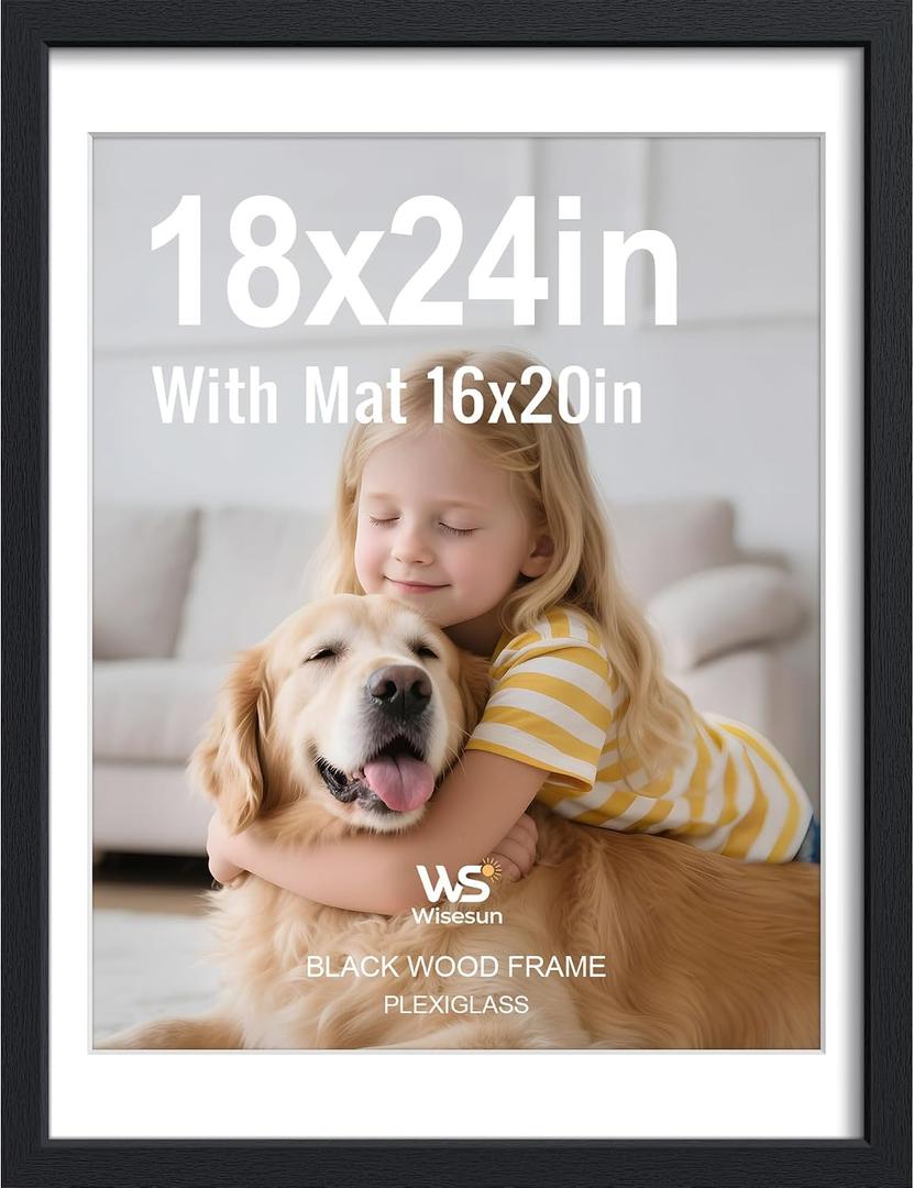 Wisesun 18x24 Poster Frame, Black Wood with Plexiglass, 16x20 Mat, 1 Pack