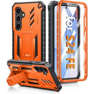 FNTCASE for Samsung Galaxy S24 FE Case: with [Builtin Screen Protector & Kickstand] [MilitaryGrade Drop Protection] Heavy Duty Protective Full Body Shockproof TPU Phone Cover Orange