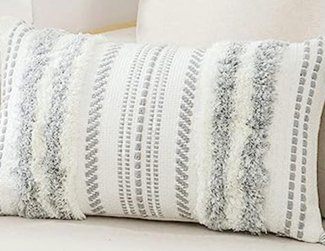 Decorative Boho Throw Pillow Cover 12x20, Lumbar Accent Neutral Textured Tufted Pillow Cover Striped for Couch Bed Sofa, Grey and Cream White, Pack of 2