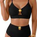 Herseas Womens 2 Piece Bikini Sets High Waisted Metal Ring Textured Swimsuit 2026 Summer Bathing Suits Beach Swimwear (Small, Black)