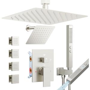 Rainfall Shower System with 4 Body Spray Jets, STARBATH 4 Way 12 + 6"Rainfall Shower Head with Handheld Combo, Shower Jets System High Pressure Shower Faucet Set, Brushed Nickel