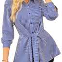 GRACE KARIN Peplum Tops for Women Tie Front Striped Button Down Shirt Collared Long Sleeve Business Casual Work Office Blouse Blue, XL