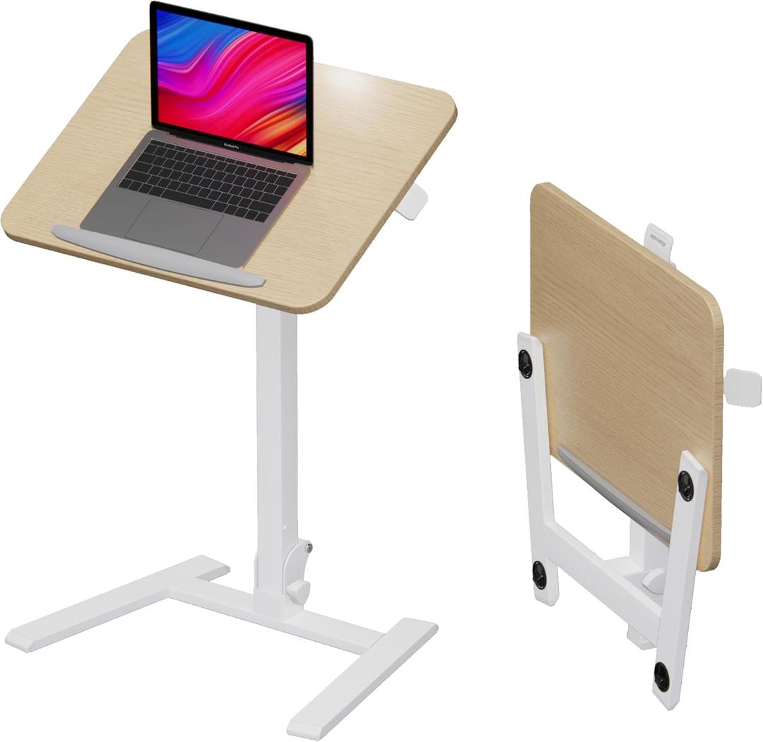 25 Inch Mobile Folding Desk - No Assembly, Pneumatic Sit-Stand, 29-42" Height Adjustable Rolling Laptop Desk with Hidden Wheels, 0-90 Tilt Top for Home Office, Craft & Study (Beige)