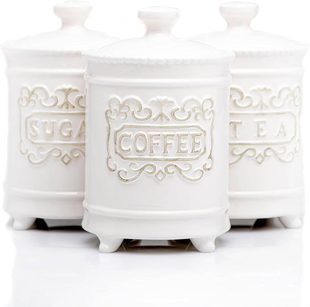 25DOL 35 Ounce Elegant Ceramic Kitchen Canisters Set of 3 - Beautifully Engraved Coffee Tea Sugar Storage Containers Airtight with Feet for Added Style and Stability - Ceramic Jar with Airtight Lid