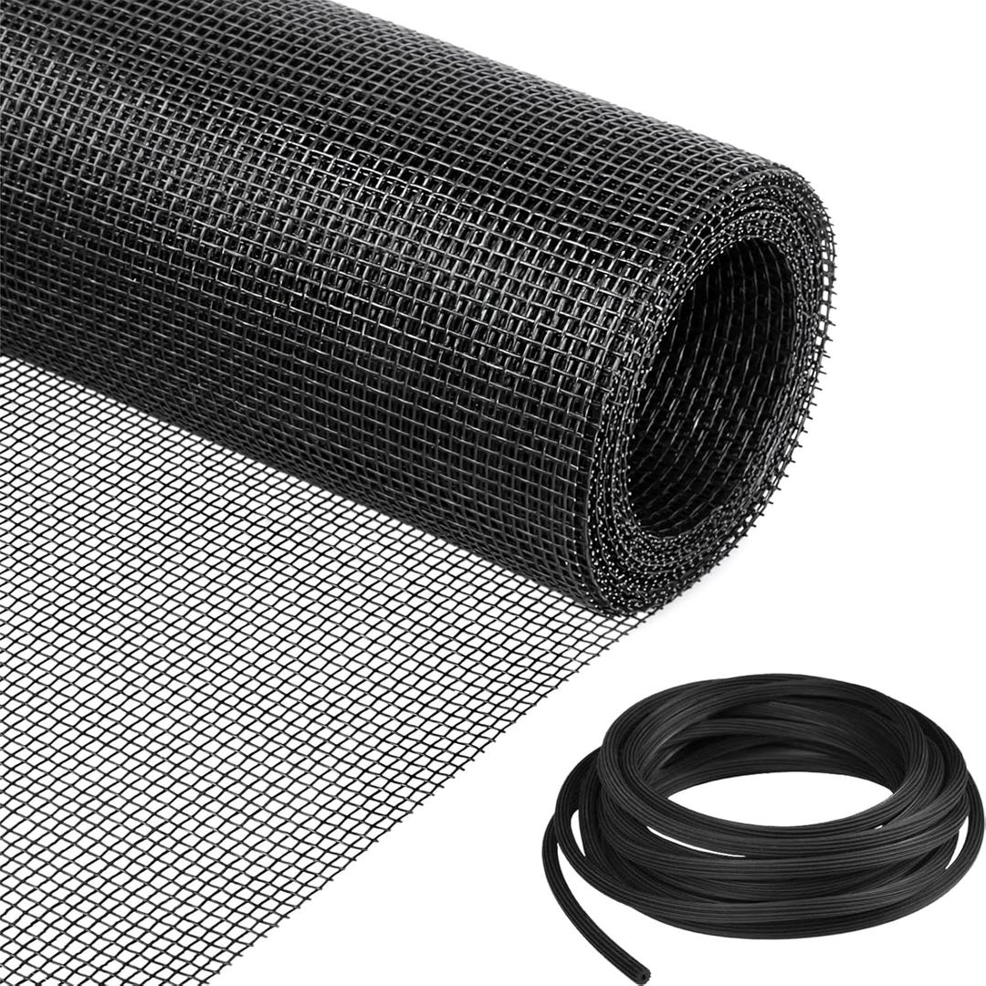 Window Screen Replacement Kit, 36"W  90"L Durable Polyester Adjustable Screen Mesh with Retainer Spline (32ft) for DIY Project Window Screen Door Screen Replacement & Repair, Black