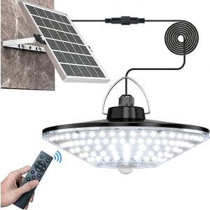 Solar Shed Light Outdoor Indoor Solar Powered Motion Sensor Light 198LED 1200LM Daytime Work Light with 5 Lighting Modes Remote Control IP65 Waterproof Solar Hanging Barn Ligh for Home Gazebo Shop (Black)