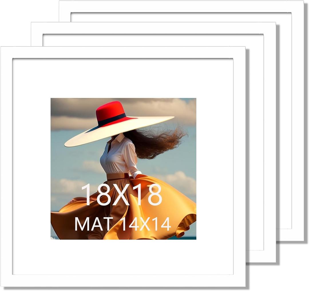 18x18 Picture Frame 3 Pack White Solid Wood for Mat 14x14 Wall Mounting Square Poster Frames