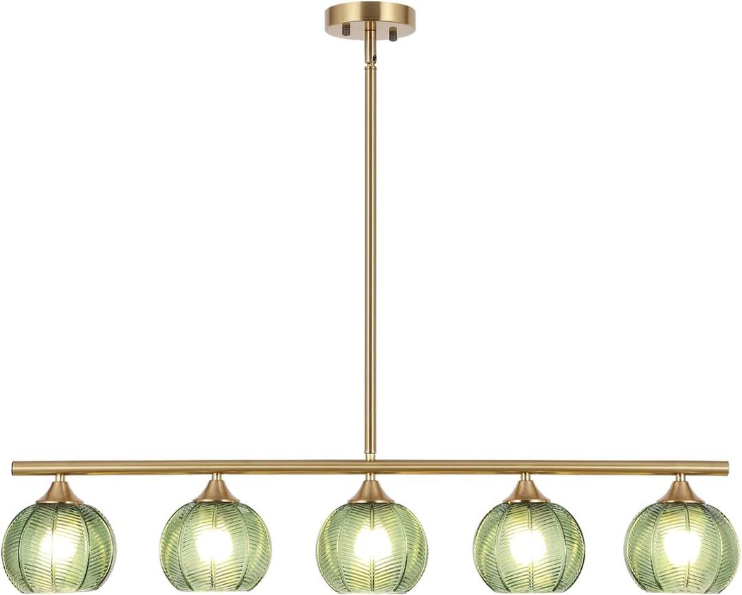 Modern Brushed Brass Linear Chandelier Green Striped Glass Shade 5-Lights Gold Mid Century Sputnik Globe Pendant Light Farmhouse Ceiling Hanging Light Fixture Dining Room Kitchen Island