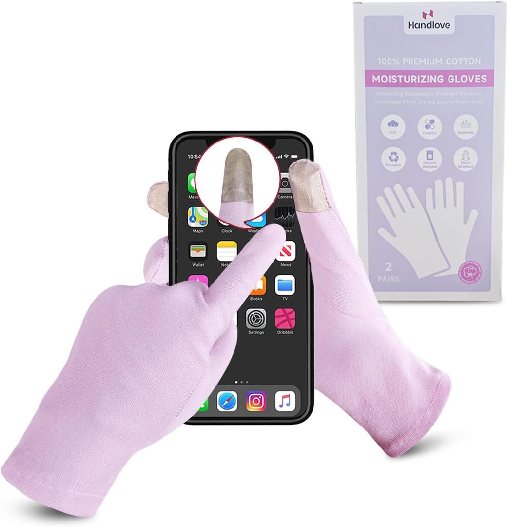 HandLove Premium 100% Cotton Gloves | Moisturizing Gloves for Dry Hands | Overnight Sleeping & Eczema | Touchscreen Friendly | Baby Pink, 2Pairs, One Size