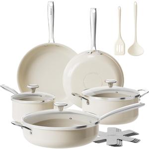 Redchef Ceramic Nonstick Cookware Set, 14pcs Pots and Pans Set Non Stick, Induction Cookware with Stainless Steel Handle, Non Toxic Kitchen Cooking Set, Dishwasher & Oven Safe, PFAS PFOA & PTFE Free