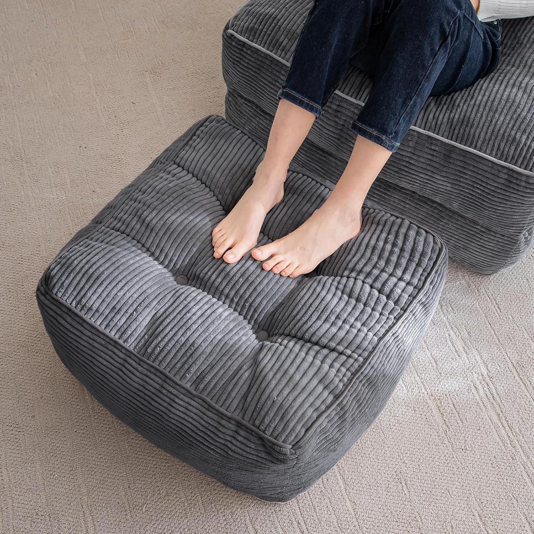 Stuffed Pouf Ottoman, Corduroy Poufs with Foam Chunk Filling, Furry and Fluffy Pouf Foot Stool Storage Ottoman,  Floor Poufs Foot Rest for Living Room, Dark Grey 20"x24" and 26"x26" 