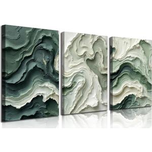 3pcs Abstract Texture Canvas Wall Art Neutral Green And Beige Wall Decor Pictures Modern Minimalist Green Wave Posters Prints Paintings for Living Room Bedroom Office Furniture Decoration