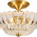 Semi Flush Mount Ceiling Light, Scalloped Clear Glass Close to Ceiling Light Fixtures with 2 Lights, Gold Vintage Light fixtures for Bedroom Living Room Entryway Hallway