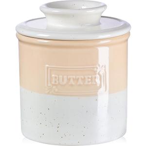 NUTRIUPS Ceramic Butter Crock, Butter Dish with Lid for Countertop with Water Line, French Retro Butter Crock for Spreadable Butter (Warm Sand White)