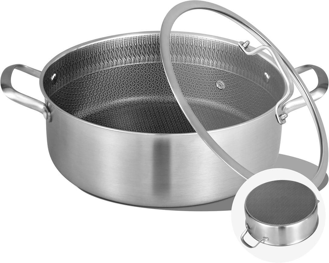 Inqibee 7 QT Hybrid Nonstick Saute Pan with Lid, Tri-Ply Stainless Steel 12 Inch Deep Frying Pan Cookware, Induction Compatible, All Cooktops, Oven & Dishwasher Safe