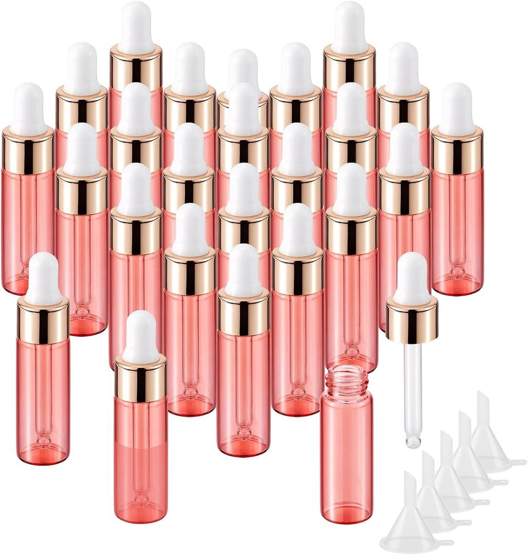 JIUWU 25 Pack 1/6 Oz Glass Dropper Vial, Refillable 5 mL Mini Pink Oil Bottle with 5 Funnels,Empty Essential Oil with Dropper for Cuticle and Flower Oils Peach Oils