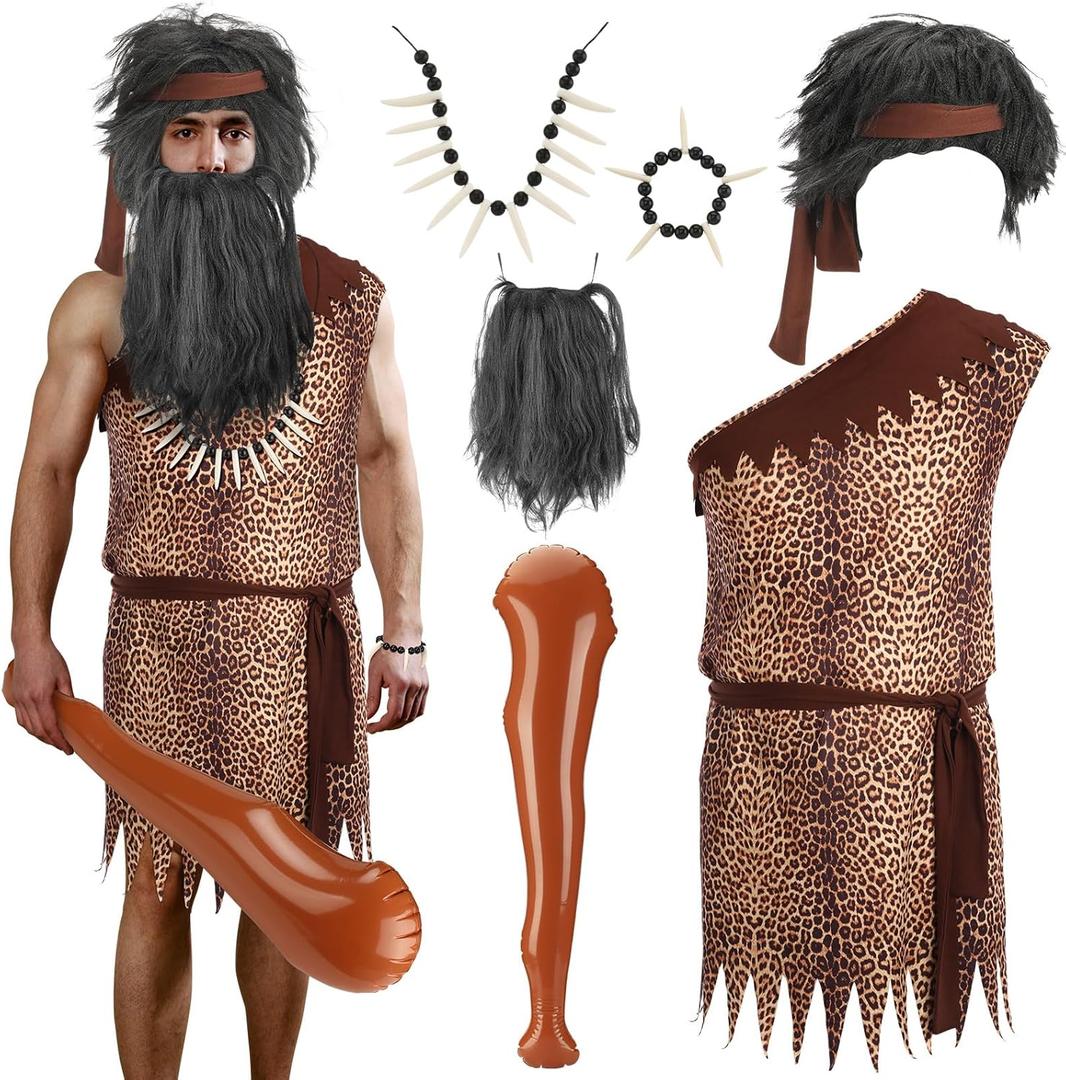 8 Pcs Caveman Costume Set Adult Jungle Costume Include Brown Tunic Kit Cave Bat Wig Beard Fake Tooth Necklace for Halloween (Medium)