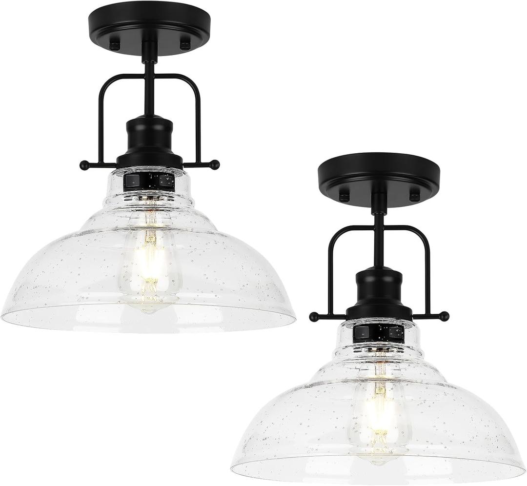 WILON 2 Pack 11'' Seeded Glass Ceiling Light Fixture Black Semi Flush Mount Ceiling Light Fixture Modern Farmhouse Lighting Fixture Ceiling Lamp for Kitchen Hallway Dining Living Room Entryway