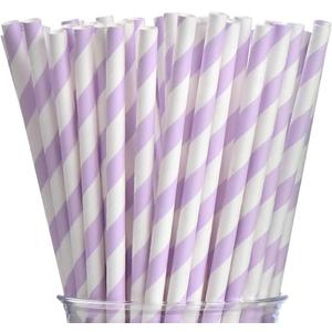Light Purple Striped Paper Straws - Disposable Drinking Straws Purple and White Paper Straws for Craft Birthday Party Decorations (7.75inch, 100 Pack)