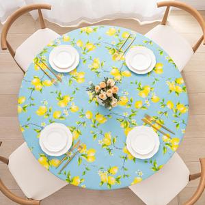 UMINEUX Round Fitted PEVA Vinyl Tablecloth with Elastic Edged & Flannel Backing, Waterproof Wipeable Round Table Cover for Indoor Outdoor Patio Use - Fits Tables up to 40"-44" Dia. (Lemon)
