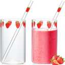 Tessco for you 2 Sets Strawberry Cups Strawberry Glass Cup with Straw Glass Tumbler Drinking Cherry Clear Tumbler Berry Pattern Glasses Bottle for Juice Water Milk Coffee Tea(Lovely)