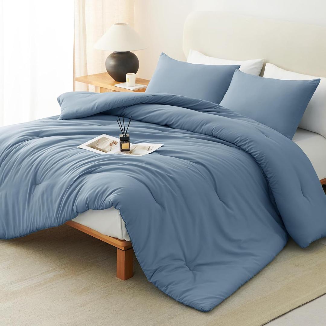 CozyLux Queen Comforter Set Grayish Blue, 3 Pieces Solid Comforters Queen Size Breathable Bedding Sets, Dusty Blue Luxury Soft Lightweight Bed Set with Down Alternative Comforter and 2 Pillowcases