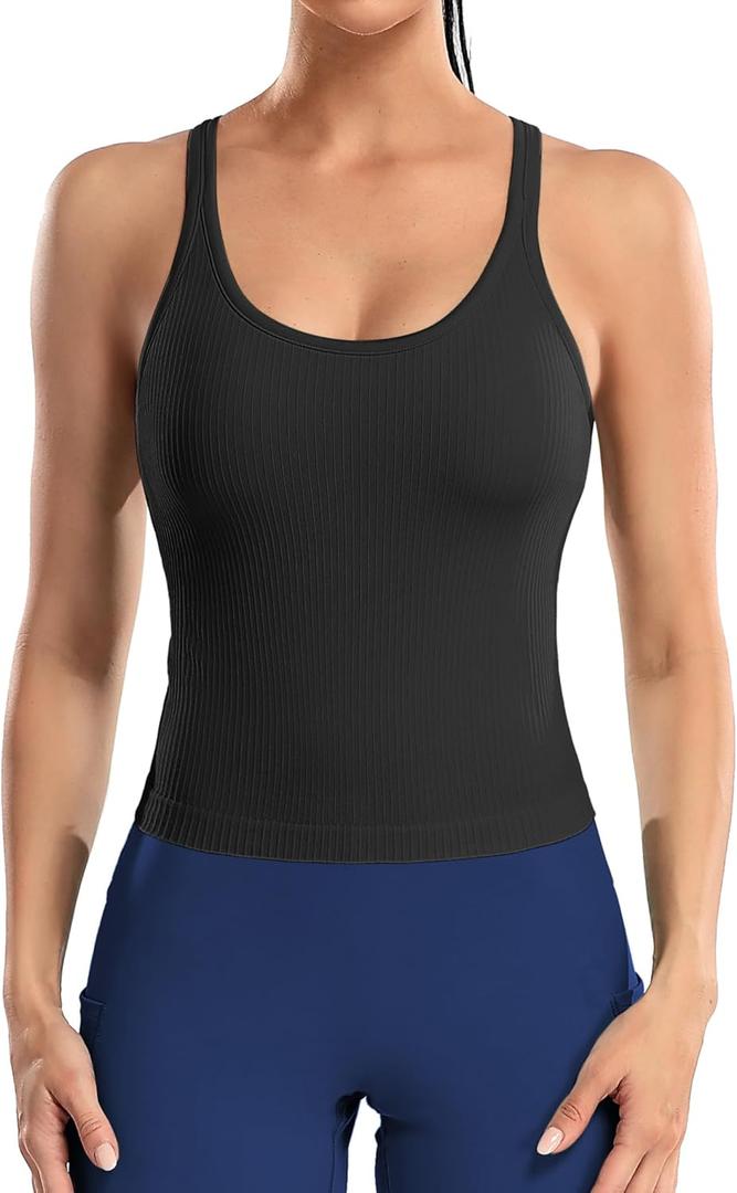 ATTRACO Women Ribbed Workout Crop Tops with Built in Bra Yoga Racerback Tank Top Tight Fit (6, Black) Medium