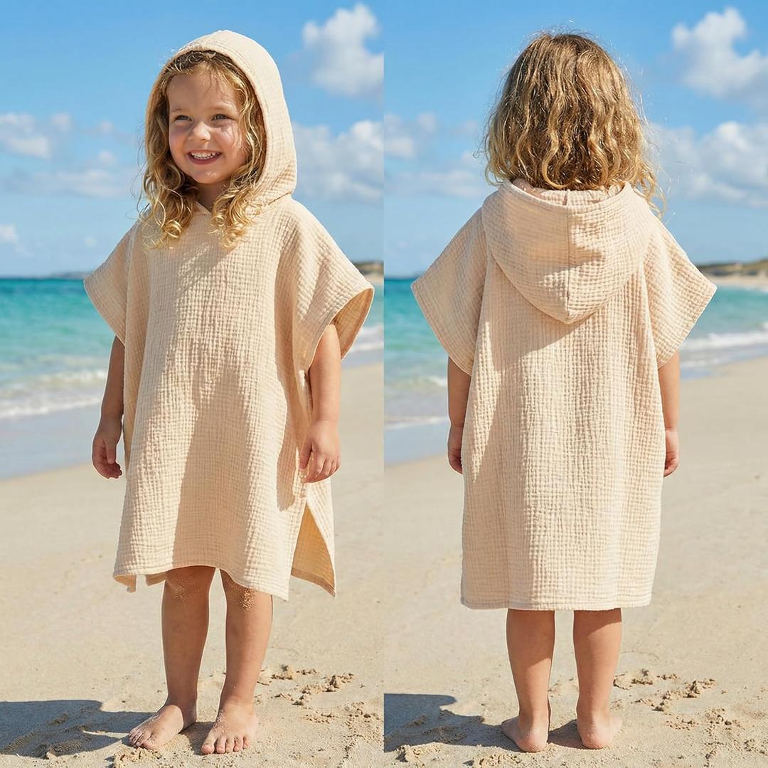 Frienda Muslin Hooded Beach Towel for 3-6 Years Kids Soft Muslin Bath Poncho for Baby Absorbent Fast Drying Blankets for Boys Girls Newborns Toddler Beach Pool Bath Essentials(Khaki)