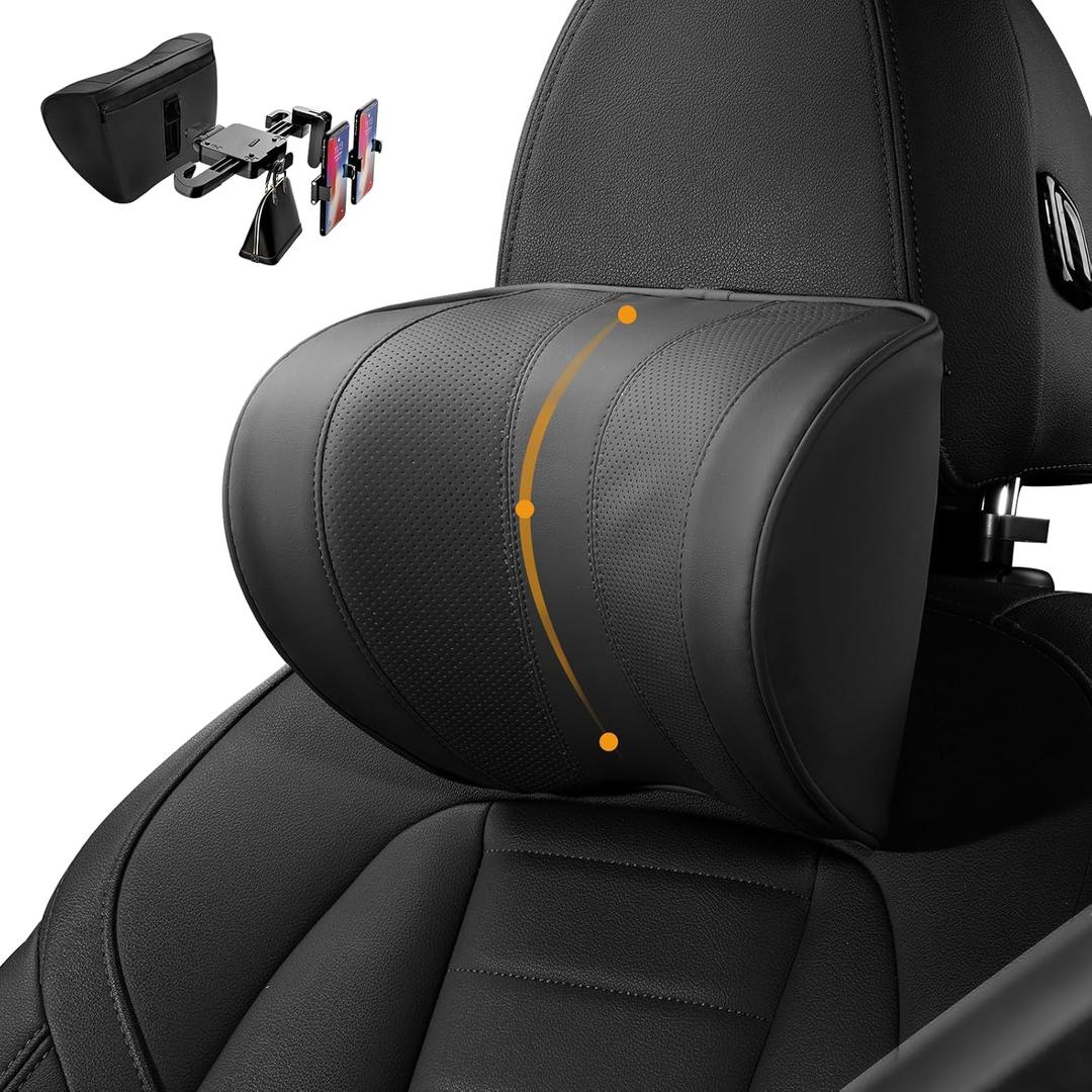 Multi-Functional Car Headrest Pillow, Comfortable Ergonomic Design 100% Memory Foam,Breathable Leather Cover, Adjustable Height and Distance-with Phone Stand and Hook (Black)