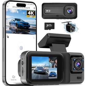3 Channel 4K Dash Cam with 5GHz WiFi & APP Control, 4K+1080P+1440P Dash Cam Front and Rear Inside with 64GB Card, Dash Camera for Cars with Night Vision, Loop Recording, G-Sensor, 24H Parking Mode