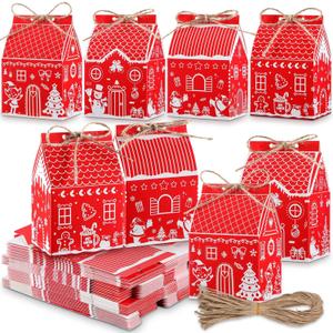 Zhanmai 48 Pcs Christmas Treat Boxes Candy Red Village Vintage Mini Gingerbread House Favor Box Christmas Party Paperboard Gift Boxes for Xmas Holiday Party Treat Cookie Goodie Snack Gift Packaging