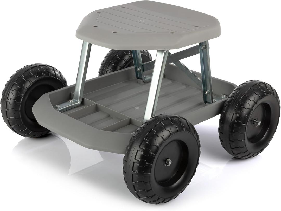 Gardening Stool - Rolling Garden Seat with Wheels and Storage Tool Tray - Garden Cart Scooter - Yard Tools by Pure Garden (Gray)