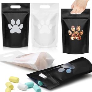 Gersoniel 50 Pcs Paw Dog Treat Bags Gift Bags with Window Resealable Stand up Plastic Zipper Pouches for Canine Delights or Dog Party Supplies, 5.5 x 8.6 inches (Black and White)