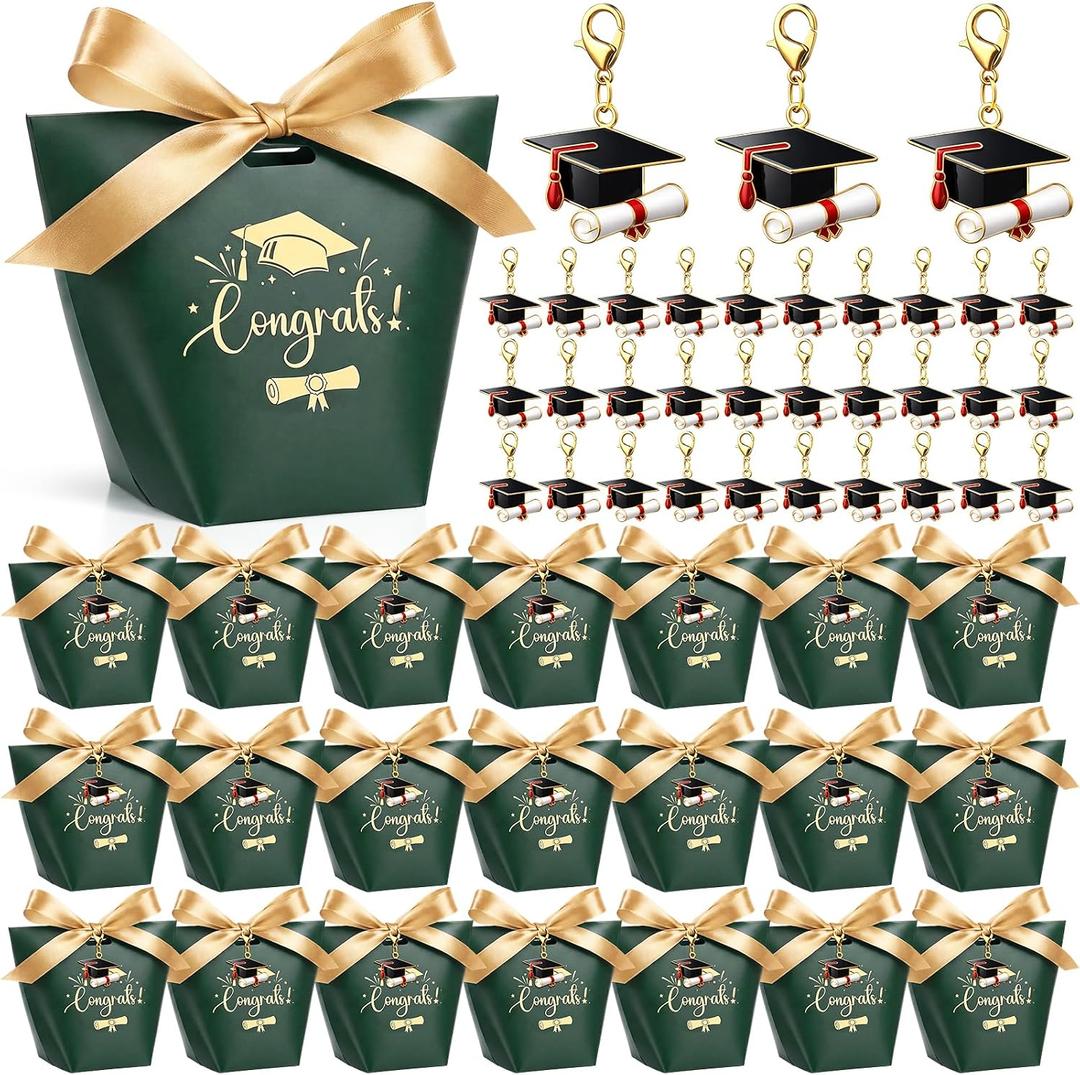 Eaasty 100 Pcs Graduation Party Favors Included 50 Class of 2026 Candy Boxes 50 Graduation Cap Keychains with Ribbon Graduate Decorations 2026 Grad Party Favors Supplies(Dark Green)