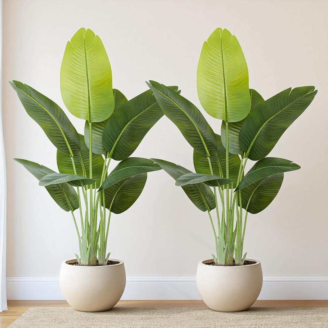 Lifelike Bird of Paradise Artificial Plant,4ft Faux Banana Leaf Tree with 9 Trunks - Perfect Indoor Silk Floor Plant for Home Decor in Living Room, Office, and Bedroom (Set of 2)