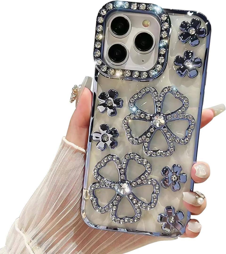 Compatible with iPhone 11 Pro Max Flower Case,Cute Glitter Bling 3D Diamond Flower with Luxury Rhinestone Floral Women Girls and Sparkly Shiny Slim Shockproof Case for iPhone 11 Pro Max -Sky Blue