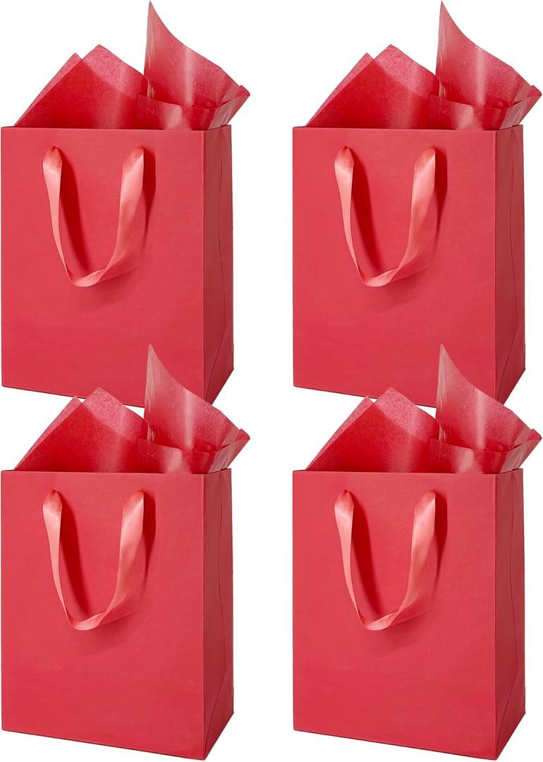 MOXARYSU 4 Pcs Medium Red Gift Bags: 8x5x10 Inches Gift bags With Handles Party Favor Bags With 8 Tissue Paper For Party,Birthday,Baby Shower,Wedding, Red