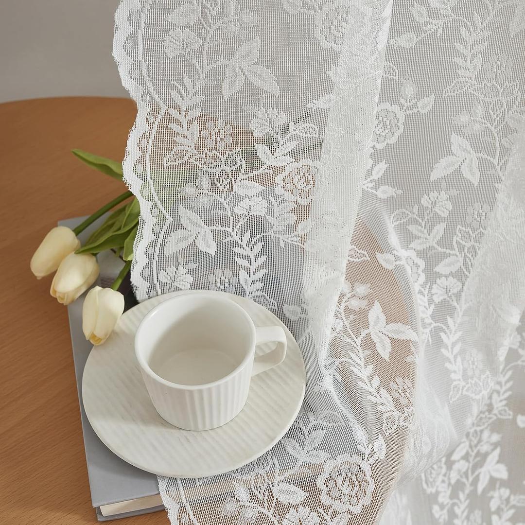 FINECITY Short Lace Curtains 36 Inch Length for Small Window, Rustic Leaf Floral Design Lace Cafe Curtains 2 Panels, Rod Pocket Privacy Sheer Lace Curtains, 42 x 36 Inch, 1 Pair, Ivory